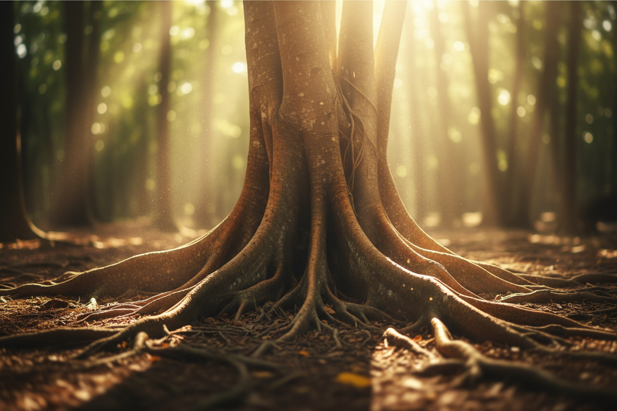 Raíces iluminadas con luz natural